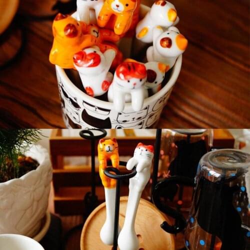 1PC Cat Ceramic Spoons Cartoon Animal Ice Cream Sugar Tea Dessert Coffee Spoon Home Cute Decoration