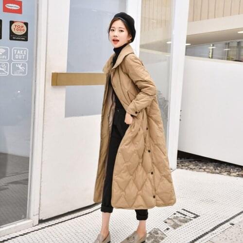 2020 Autumn and Winter Lightweight Diamond Check Down Jacket Womens Mid-length Long Stand Collar Slim Simple Coat Parkas y273