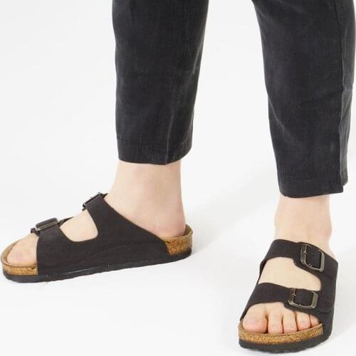 Callizio Womens Genuine Leather Slippers Flat Low Heels Summer Black Sandals Casual Summer Beach Luxury Sexy Designer Shoes Woman Beach Sandal Buckle Strap 2021 Eva Sole Slingback Female Fashion Big Small Size 33 43