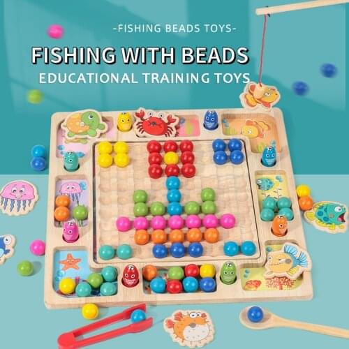 Wooden Montessori Three-in-one Board Magnetic Fishing Clip Bead Kids Toys Preschool Childrens Educational Color Cognition Toys