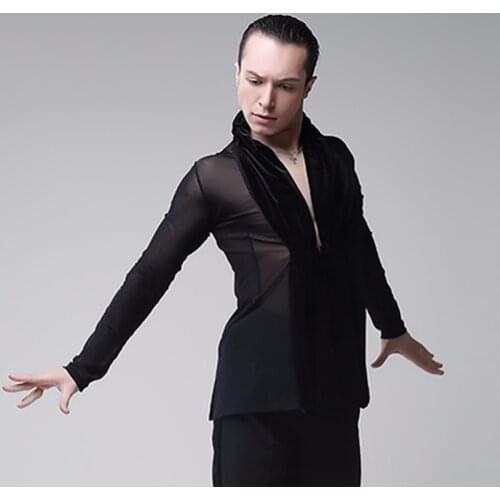 Cheap Latin Dance Shirt For Male Black Gauze Sexy Tops Wears Professional Vestidos De Festa Infantil Ballroom Play Clothes 15044