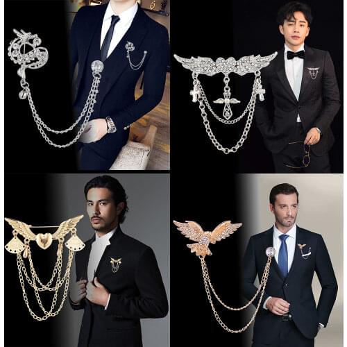 High-end Brooch Crystal Rhinestone Chain Tassel Metal Wedding Dress Suit Corsage Collar Lapel Pin Men Accessories Jewelry Luxury