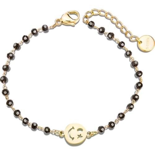Hot Fashion Smiling Face Bracelets for Women Stainless Steel Gold Silver Color Charm Black Beads Chain Bracelet Female Jewelry