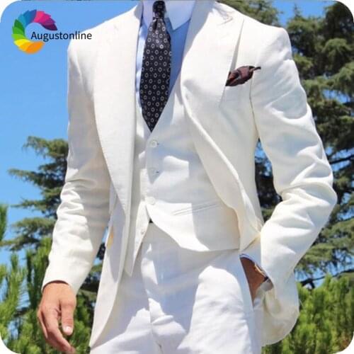 White Mens Classic Suits Beach Wedding Peaked Lapel Custom Made Terns Man Blazers Slim Fit Groom Tuxedo 3Piece Costume Homme