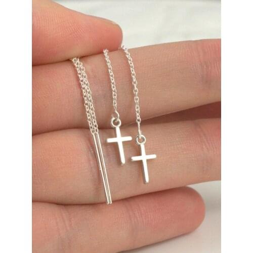 Tiny Cross threaders, Threader Earrings, Ear thread dangles, Pull-through earring, Cross dangles