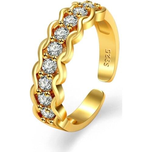 Trendy 925 Silver Jewelry Ring Accessories with Zircon Gemstone Gold Color Open Finger Rings for Women Wedding Party Wholesale