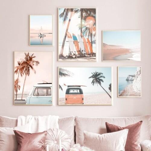 Sea Beach Palm Tree Surfboard Wall Art Canvas Painting Nordic Posters and Prints Landscape Wall Pictures for Living Room Decor
