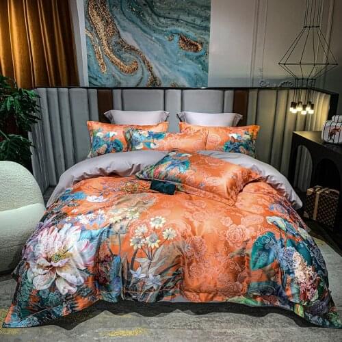 New Luxury 4Pcs American Jacquard Satin Cotton Flowers Bedding Set Soft Silky Duvet Cover Bed Sheet Pillowcases Home Textiles
