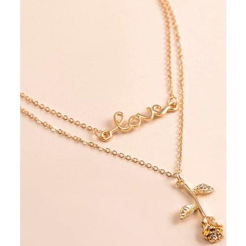 Romantic Love Rose Flowers Multilayer Necklace Fashion Gold Silver Color Letter Pendant Chokers For Women Valentines Day Gifts