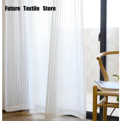 Simple and Modern Nordic Style White Gauze Korean Style Cotton and Linen Striped Screen Curtain for Living Room Bedroom