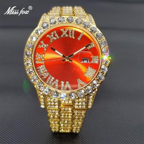 Relógio luxo homem MISSFOX Gold Red Man Watch Ice Out Diamond Fashion Men Auto Calendar Japanese Mvmt Quartz Wristwatches 2021