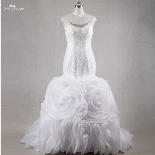 RSW1130 Nigeria Bridal High Neck Crystal Beaded Mermaid Organza Ruffles Skirt Luxury Wedding Dress