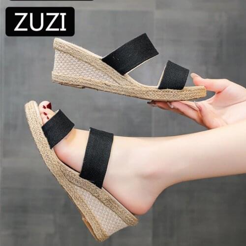 ZUZI 2021 Bohemian Womens Linen Cotton 6cm Wedge Heel Sandals Ladies Hemp Platform Espadrilles Slippers Comfortable Shoes