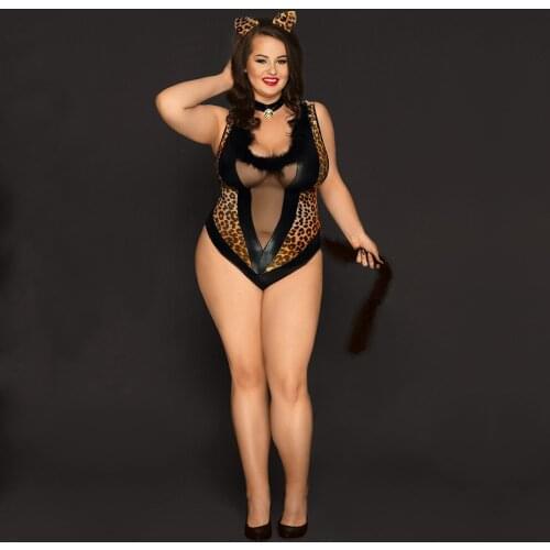 Large Size Sexy Lingerie Erotic Fat Lady Cat Girl Cosplay Costume See-through Plus Size Sexy Katze Uniform Lingerie Porno 3 Pcs