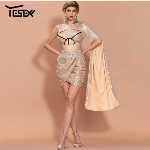 Yesexy Sexy Hollow Out Sequin Women Sets Female Two Pcs Set Irregular Sleeve Crop Top and Mini Dress Suit Bodycon Dress VR20275