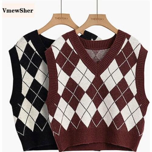 VmewSher New Vintage Autumn Spring Women Sweater Vest Argyle Female Sleeveless Knitted Pullover Elegant Short Plaid Jumper Tops