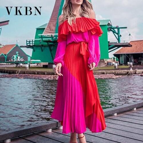 VKBN 2021 Summer Dress Women Casual Lantern Sleeve Slash Neck Ankle-Length Ruffle Pullover Patchwork Red