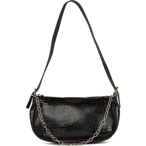 Womens Black Kroko Patterned Thin Chain Baguette Bag Gc011500k
