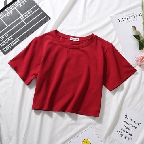 2021 Summer Short Sleeve Women T Shirts Ladies Cotton Solid T-shirt O Neck High Waist Crop Top Tee Female Casual Loose T-shirt