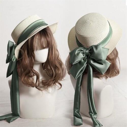 Mori Girl Cute Big Bow Lace Ribbon Lolita Straw Hat Elegant Princess Lolita Flat Beach Cap B1743