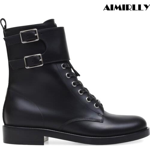 Womens Ankle Boots Round Toe Low Heel Ladies Autumn Winter Dress Booties Lace Up Side Zip Ankle Buckle Black Aimirlly