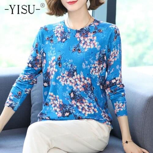 YISU Casual Spring Autumn Women Sweater O-Neck plum Bossom Printing Long sleeve Tops Female Jumper Loose Knitted pullover 2021