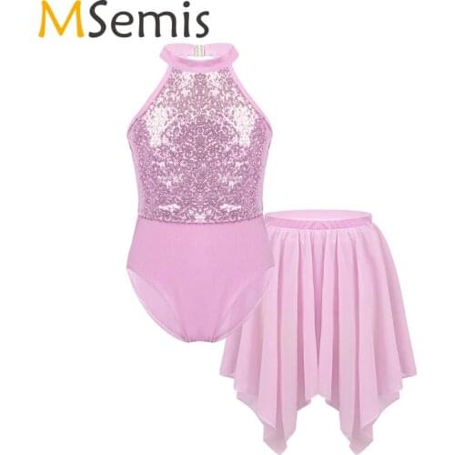 Girls Halter Neck Sequined Ballet Dress Lyrical Dance Costumes Gymnastics Leotard with Irregular Hem Chiffon Skirt Outfit Set