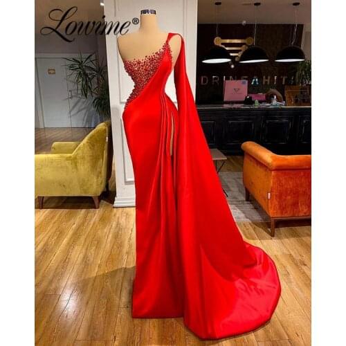 Lowime Red Carpet Long One Shoulder Celebrity Dresses Beaded Custom Made Mermaid Prom Dress Arabic Formal Evening Gowns 2021