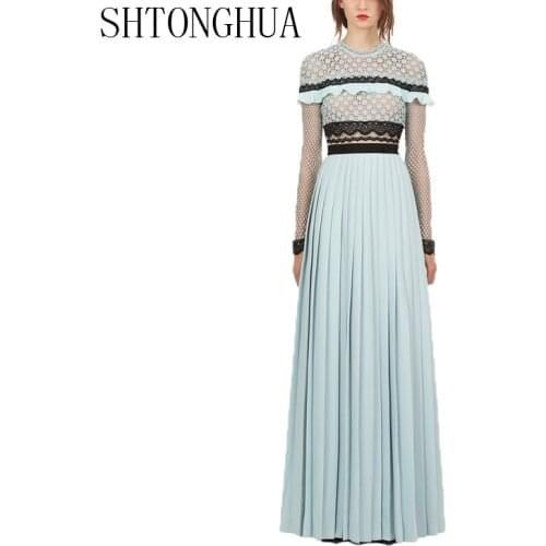 SHTONGHUA Self-Portrait Spring Pleated Long Dress 2019 Runway Women Chiffon Patchwork Lace Hollow Out Crochet Split Party Dress