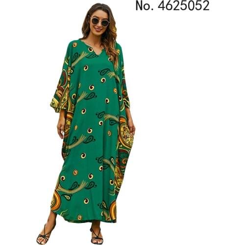 Summer Europe Holiday Loose Robe Middle East Women V-Neck Print Plus Size Dinner Party Swing Long Dresses