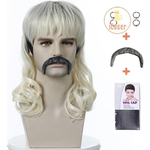 4 PCS Tiger King Joe Exotic Cosplay Wig with Earrings + Mustache + Wig Cap Cosplay Accessories Prop