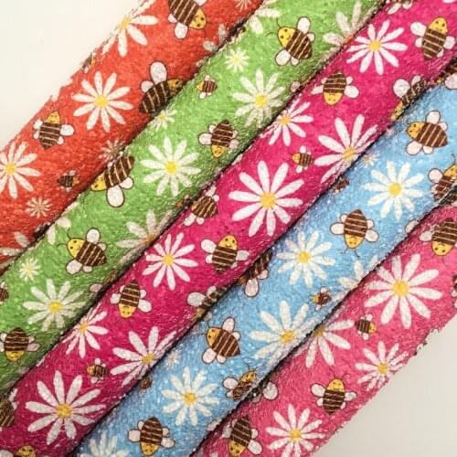 Amonglitter Wholesales Dropshipping Leather Supplier Flowers Bees Printed Glitter Leather Faux Fabric Felt Backing 21X29CM MB130