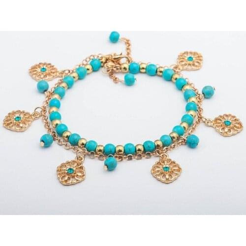 2021 Cross-border European and American Fashion Retro Two-piece Alloy Turquoise Bracelet Hollow Flower Pendant Jewelry Wholesale