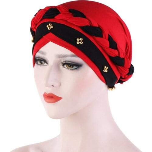 Two-Color Beaded Braid Hijab Caps Spring and Autumn Muslim Wrap Turban Cap Fashion Cotton Inner Hijabs Bonnet Ready To Wear
