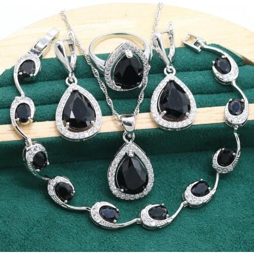 Classic 925 Sterling Silver Jewelry Sets For Women Wedding Black Blue Zircon Bracelet Earrings Necklace pendant Ring Box Gift
