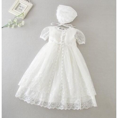 3PCs per Set Baby Girl Baptism Dress White Infant Girl Christening Gown Long Flower Trim Lace Embroidery Cape Hat 0-24Months