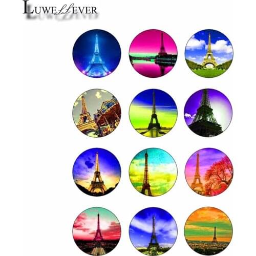12mm 14mm 16mm 20mm 25mm 334 12pcs/lot Eiffel Tower Mix Round Glass Cabochons Jewelry Findings 18mm Snap Button Charm Bracelet