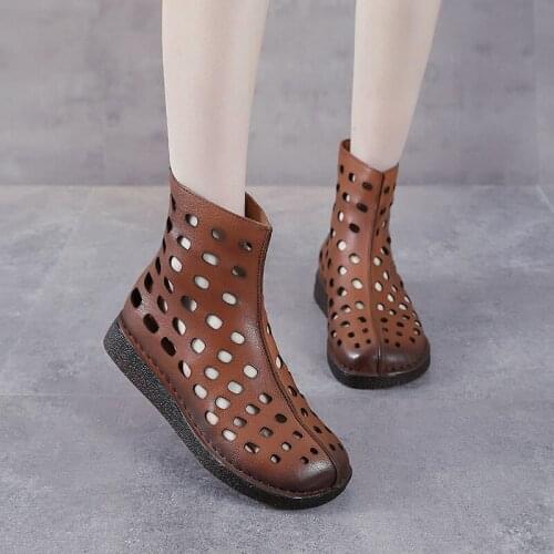 Summer Leather Mesh Sandals, British High-top Martin Boots, Womens Retro Hollow Short Boots, Cowhide Thick-soled Sandals