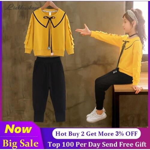 Fashion Teen Girls Clothing Suit For Girls Summer Clothes Yellow Top + Black Pants Outfit Kids Tracksuit Suit Children 110-160cm
