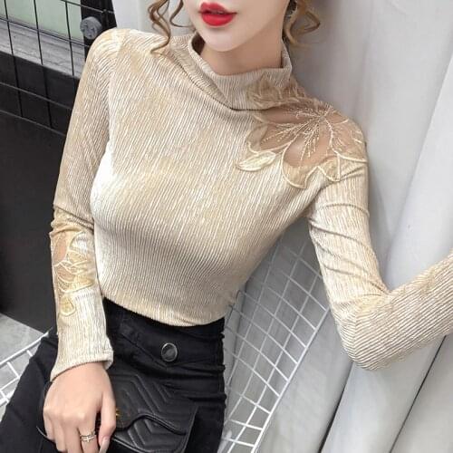 2020 autumn winter womans tops turtleneck long sleeve velvet elastic top female hollow mesh patchwork embroidery ladies t shirt