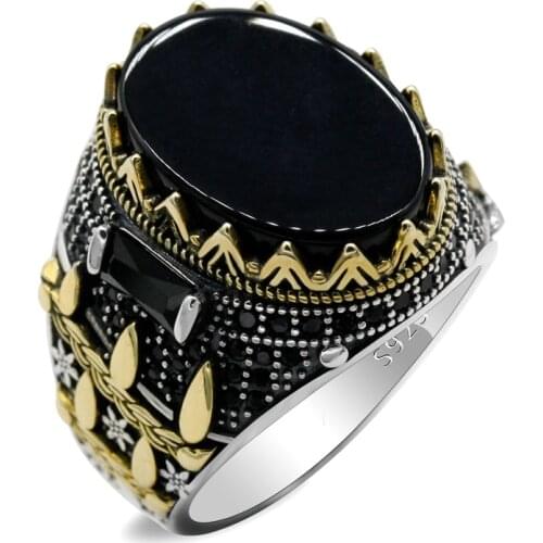 New Flat Stone Natural Agate Ring 925 Silver High Quality Mens Ring Turkish Trend Fashion Auspicious Vintage Mens Gift