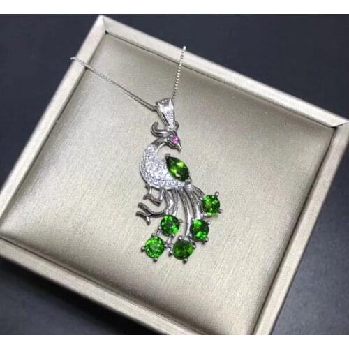 Natural green diopside gem Elegant Lovely Peacock Pendant natural gemstone pendant necklace S925 silver girl gift party jewelery