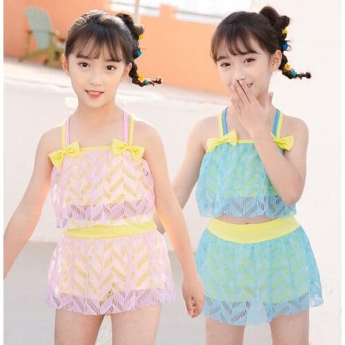 2021 New Kids High Waist Solid Mesh Swimming Bikini Ruffle Swimwear Split Skirt Swimsuit Beachwear Girl Sweet Boxer Swim Shorts
