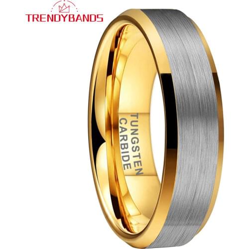 6MM Mens Womens Tungsten Carbide Engagement Rings Wedding Band Gold Beveled Edges Brushed Finish Comfort Fit