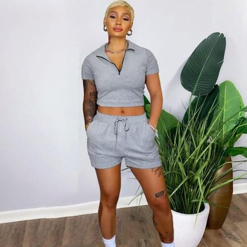 Solid Casual Two Piece Short Set for Women Summer Clothes Zip Neck Crop Top and Short Femme Sport Jogger Tracksuit Matching Sets