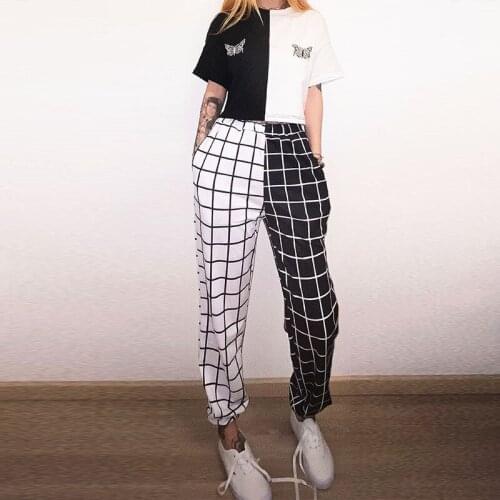 Autumn Women Pants Fashion Streetwear Black and White Plaid Print Loose Elastics Waist Harem Pants