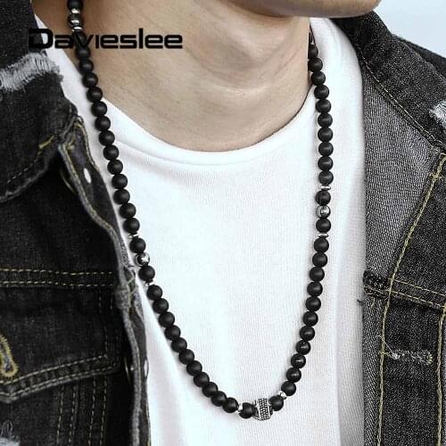 Natural Stone Beaded Necklace for Men Women Stretch Necklace Black Matte Hemitate Metal Stainless Steel Charm Jewelry LDNM28