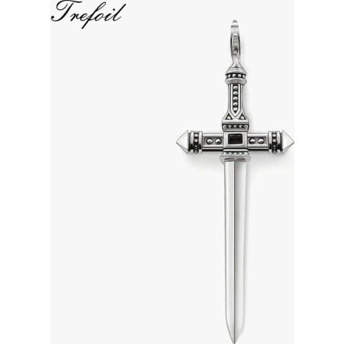 Black CZ Sword Pendants, Fashion Jewelry 925 Sterling Silver Vintage Gift For Women Men Boy Girls Fit Necklace Fathers Day
