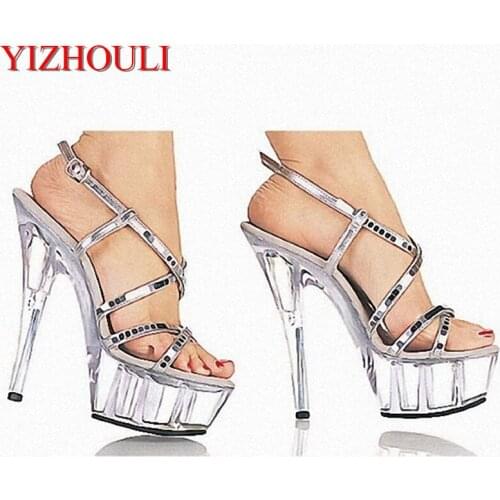 Waterproof platform sandals Roman hollow crystal womens shoes, 15cm high heels display dancing shoes