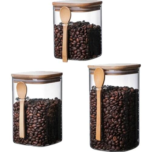 3 Pcs Glass Jar with Lid and Spoon, Airtight Clear Square Glass Canister for Kitchen,for Sugar,Seeds,Salt,Pepper,Spices